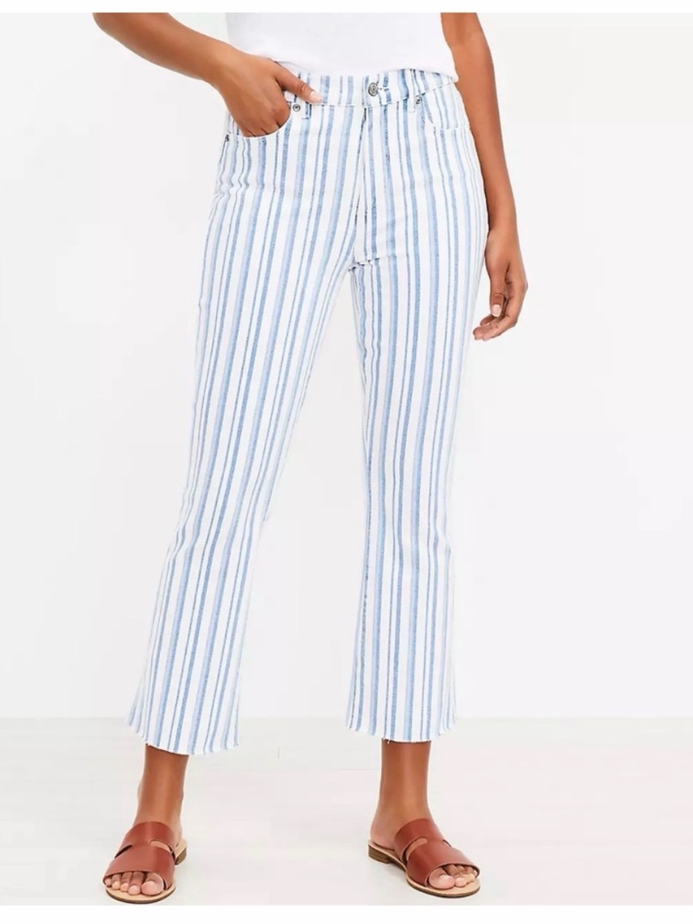 LOFT Women’s Blue/White Coastal Cowgirl Vertical Stripes Cropped Flare Jeans NWT